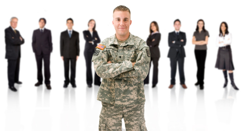 soldier in front of businees team